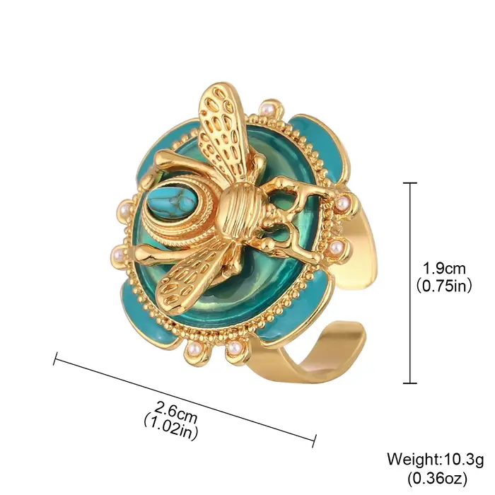 Bague abeille élégante en émail vert plaquée or avec perles turquoise et blanc pour homme et femme occasions spéciales cadeau bijoux