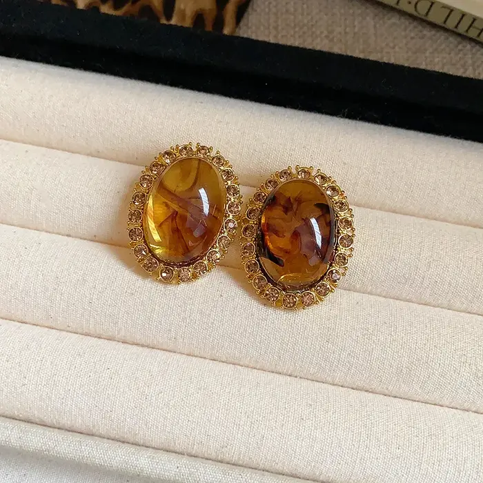 Boucles d'oreilles ovales en résine pour femmes, café, Vintage, géométrique incrusté de strass, brel