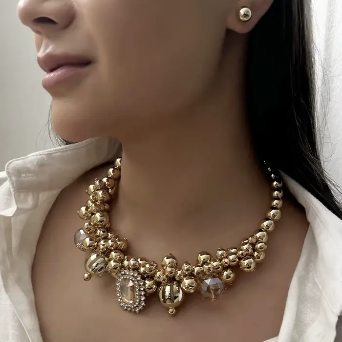 Ensemble de bijoux vintage de luxe pour femmes, plaqué or, perles CCB, strass brillants, pendentif géométrique, collier ras du cou, boucles d'oreilles, cadeau de mariage