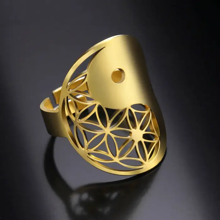 Skyrim Yin Yang fleur de vie bague pour femmes en acier inoxydable couleur or anneaux géométriques réglables Vintage amulette bijoux cadeau