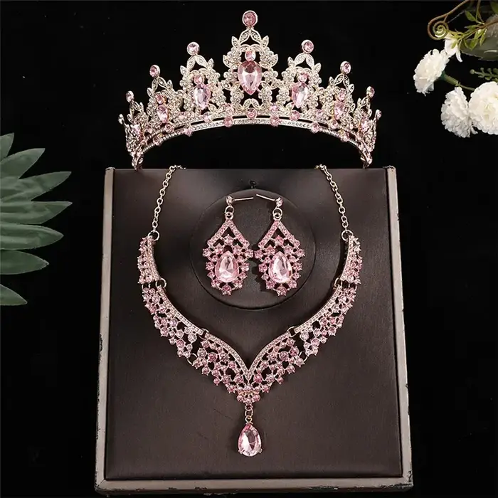 Luxueux collier de mariage princesse, boucles d'oreilles, couronne, ensemble de trois pièces, access