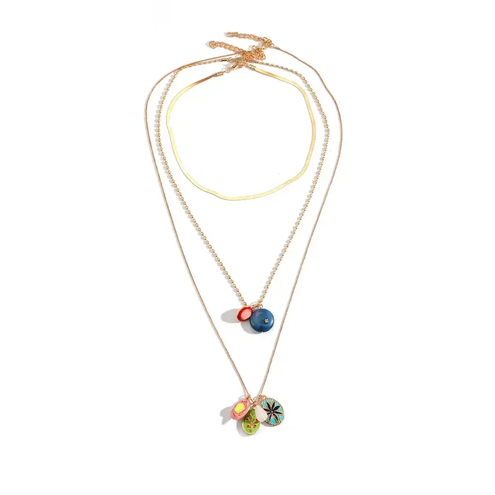 Collier multi-couches tendance pour femme avec pendentif émail coloré, chaîne serpent, motif floral,