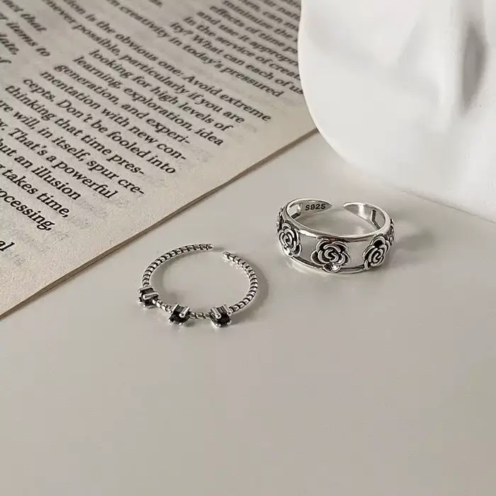 ANENJERY Rose fleur anneau ouvert pour les femmes personnalité corée Niche Design Thai argent rétro bague femme anel anillo