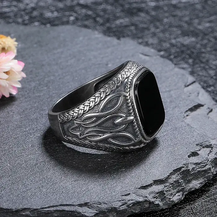 Bagues vintage en argent sterling 925 avec agate noire naturelle de 11*13mm
