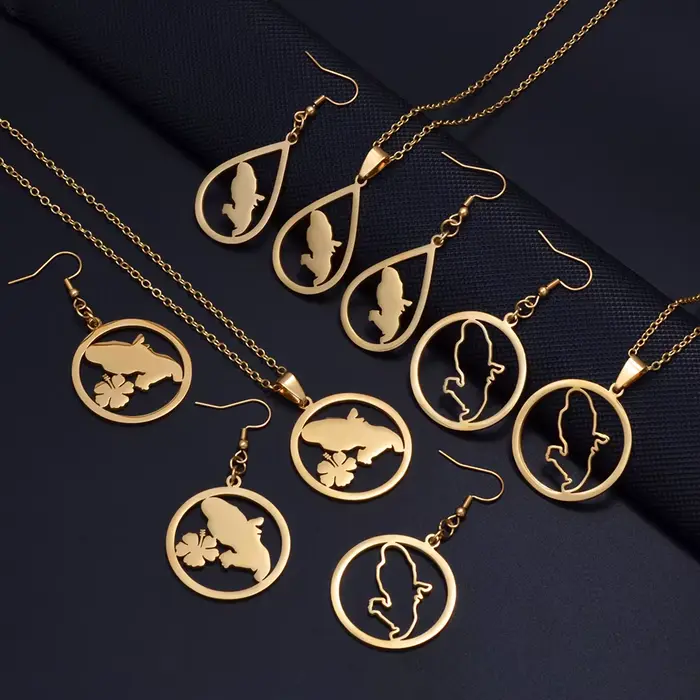 1 ensemble de colliers et boucles d'oreilles avec pendentif fleurs et carte de la Martinique pour femme, bijoux DOM France # 600062