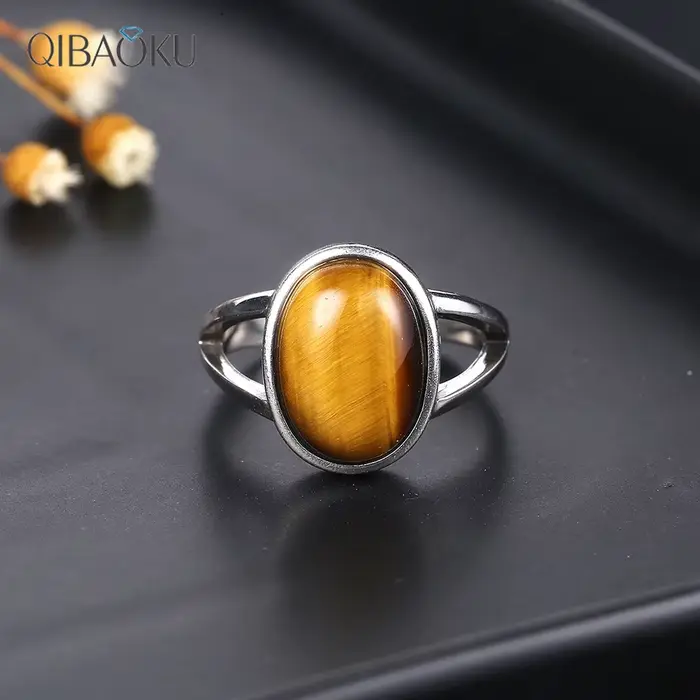 Bague simple et naturelle en œil de tigre 10*14mm, plaquée argent, bijoux pour femmes et hommes, grande pierre, bijoux vintage, cadeau