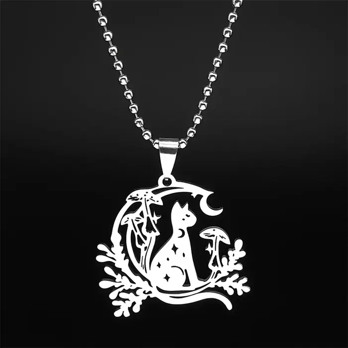 Collier avec pendentif chat avec lune, étoile, champignon, pour femmes et hommes, en acier inoxydabl