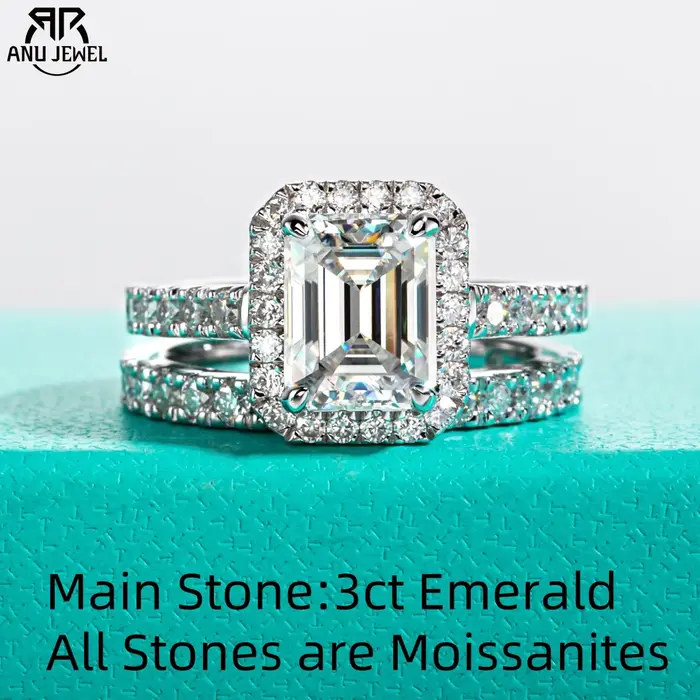 3ct émeraude coupe D couleur Moissanite Halo bague de mariée ensemble Vintage alliance bagues en argent avec Cer bijoux