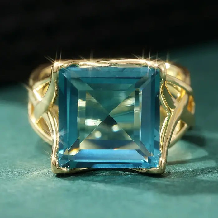 Bague ajourée sertie de zirconium bleu en plaqué or 14k pour femmes romantique cadeau de fiançailles alliance de mariage occasions spéciales