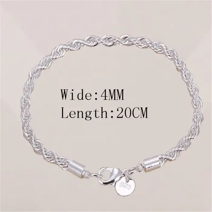 Bracelet à Breloques en Argent Sterling 925 Unisexe Mode Corde Torsadée Chaîne Pierres Précieuses Cadeau Couple Occasions Spéciales