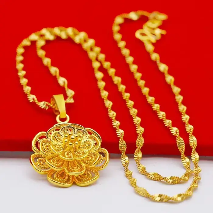 Colliers avec pendentif fleur couleur or 24K pour femmes, chaîne ondulée de 18 pouces, accessoires d