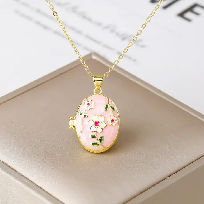 Collier pendentif fleur de Rose artisanal en émail de luxe