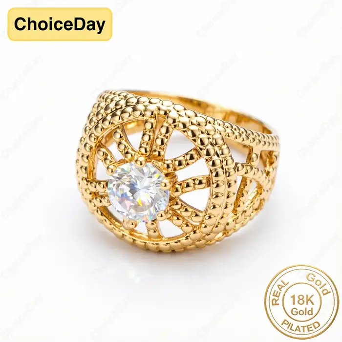 Bague délicate en zircone ronde plaquée or 18 carats pour femme - Bijou élégant et glamour pour mariage ou soirée