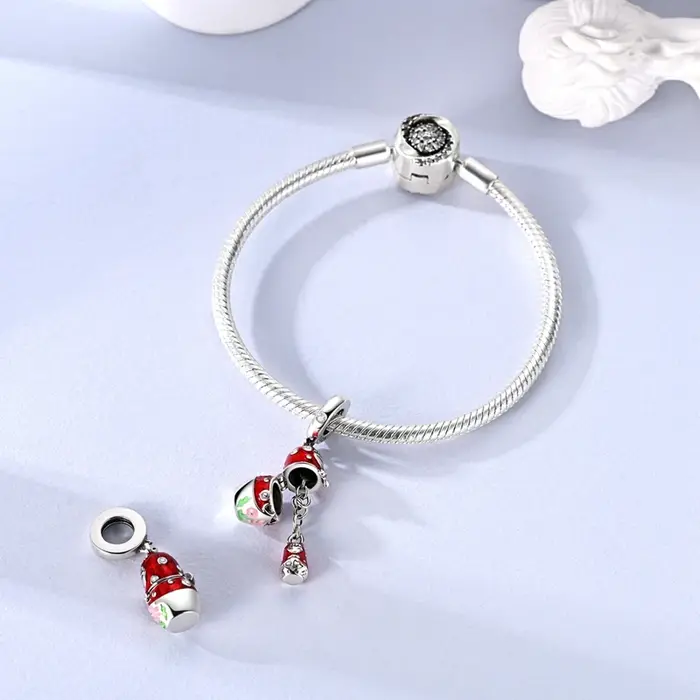 Pendentif Breloques Bijoux 925 Argent Rouge à Pois Poupée Charmes Fleurs Zirconium Blanc Occasions Spéciales Femme