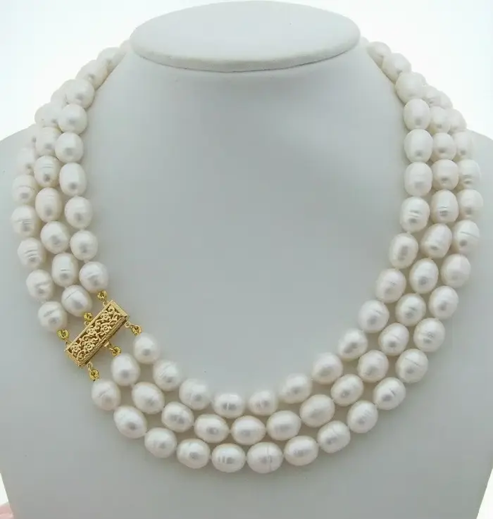 Nouveau Collier de bijoux 18 ''-20'' 3 brins 9x10mm collier de perles de riz blanc pour les femmes