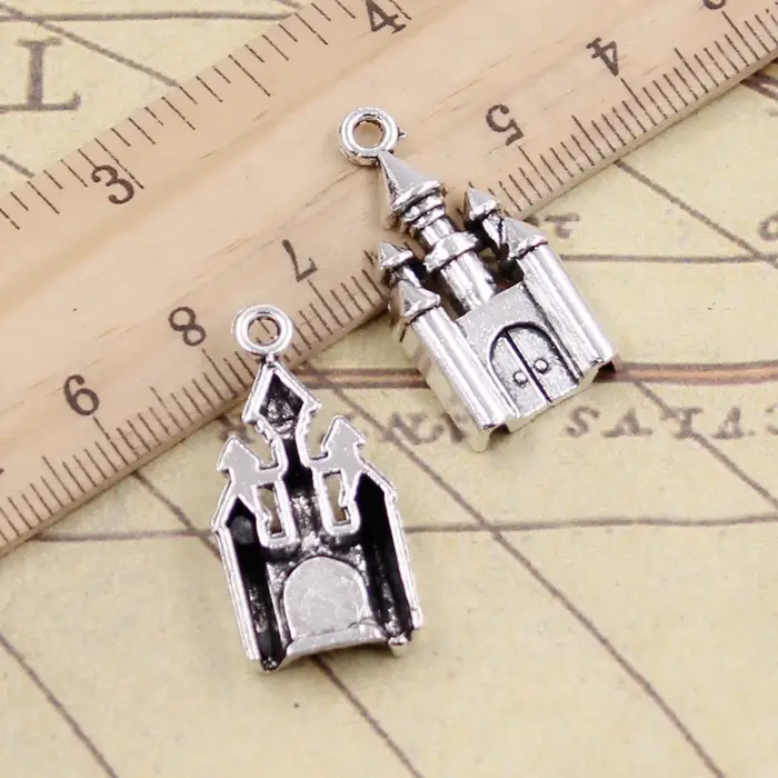 Breloques château tibétain en argent, artisanat fait main bricolage, bijoux anciens, document, 28x14