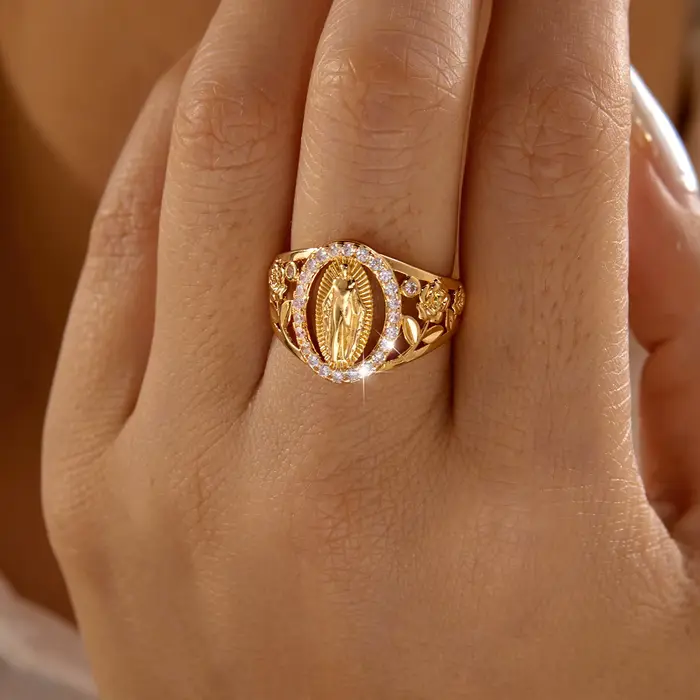 Bague Camée Vintage pour Femme en Laiton et Zircon, avec Relief Floral Antique, Bande Ovale Halo, St