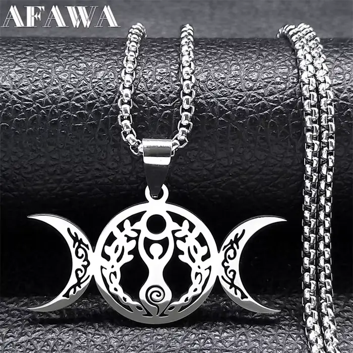 Sorcière Triple lune déesse Luna collier pour femmes hommes acier inoxydable couleur argent amulette Hecate chaîne