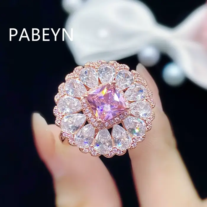 Bague en argent sterling 925 plaqué or rose avec zircon, centre rose éclatant, halo taille poire, bo