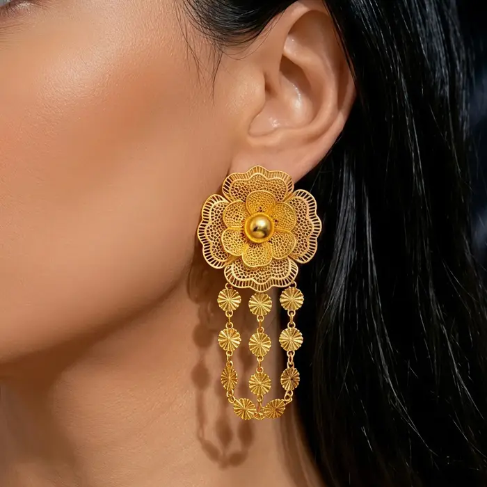 Ensemble de collier long et boucles d'oreilles de luxe plaquées or 24 carats style éthiopien et indien pour mariée et occasions spéciales