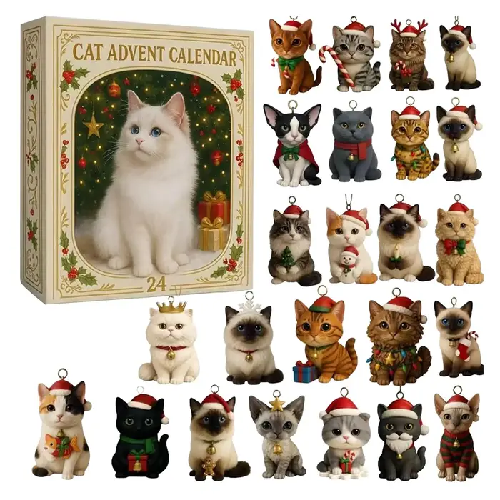 Calendrier de l'avent 2025 2D en acrylique, chat mignon, avec 24 boîtes, ornement artistique de vaca