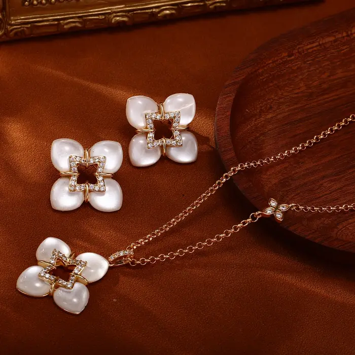 Elegant Four-Leaf Clover Mother of Pearl CZ Necklace & Earring Set Rose Gold Plated Stackable Jewelr