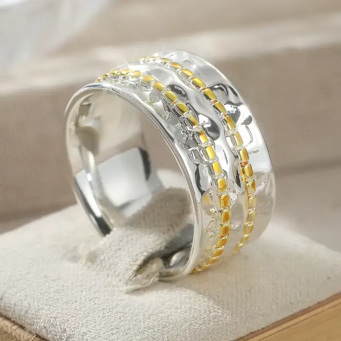 Bague vintage sculptée à la main pour femme, bijou ethnique en métal bicolore, géométrique, pour usa