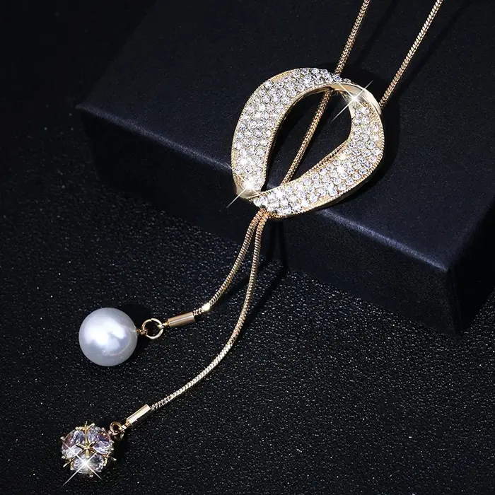 Chaîne de pull en perles de Zircon elliptique pour femmes, en alliage, mode OL, Long collier, bijoux