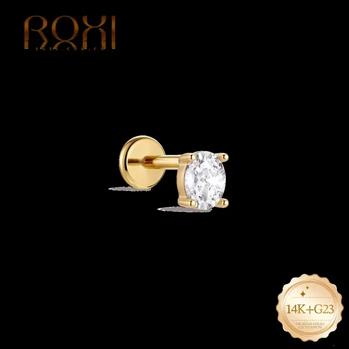 Boucle d'oreille en or 14K massif classique minimaliste ovale zirconium blanc pour piercing tragus occasions spéciales femmes