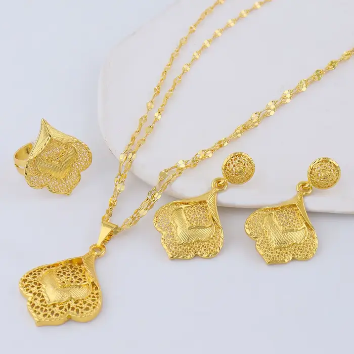 Ensemble de bijoux couleur or pour femmes, collier plaqué dubaï, boucles d'oreilles, bagues, accesso