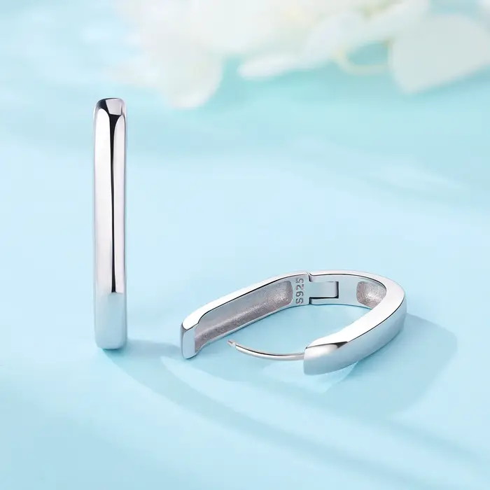 Boucles d'Oreilles Créoles en Argent Sterling S925 Simple et Lisse Pour Femmes Occasions Spéciales Blanc Noir
