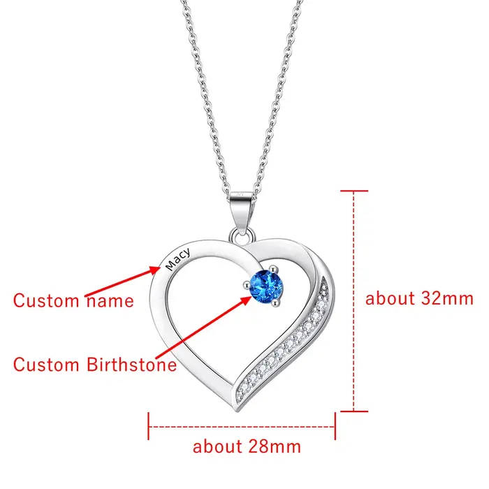 Collier avec nom personnalisé avec pierres de naissance, noms gravés, collier en forme de cœur pour 