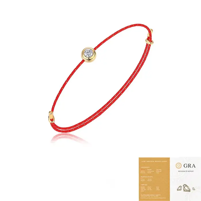 Bracelet en Moissanite pour Femme, 0.3CT, Coupe Ronde, Argent S925, Cordon Rouge Réglable, Bijou Por