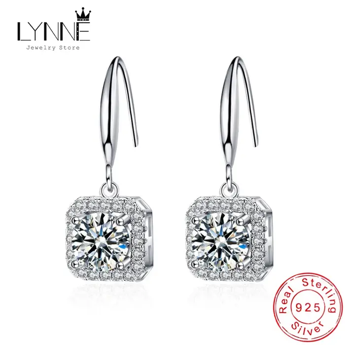 Nouvelle mode Fine 925 en argent Sterling Zircon rond et carré boucles d'oreilles femmes bijoux cadeau cristal luxe pendentif crochet oreille balancent