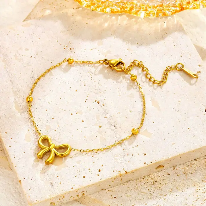 Bracelet à nœud papillon élégant pour femmes et filles, chaîne de perles, bijoux en acier inoxydable, cadeaux