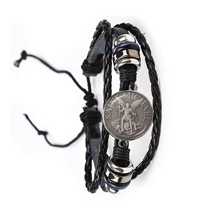 Bracelet Cabochon en Verre avec Archange Saint Michel, Protection du Bouclier, Breloque en Cuir Orho