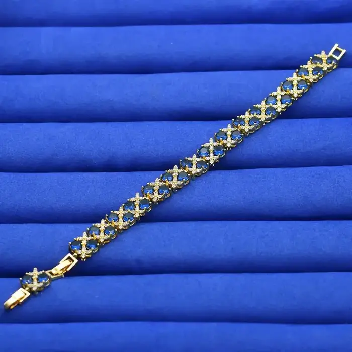 Luxueux bracelet vintage en zircone bleue plaqué or 18 carats pour femme