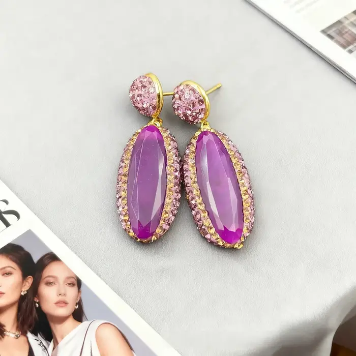 Ensemble de bijoux vintage en jade malais violet plaqué or pour femmes, coquille, strass, collier, boucles d'oreilles, bague, mariage, fête, cadeau anniversaire