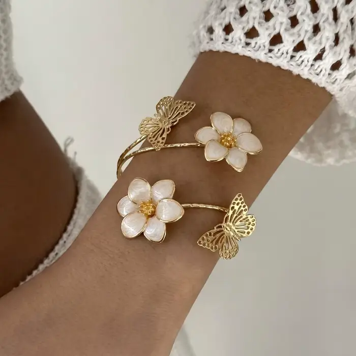 Bracelet manchette ouvert élégant en émail floral pour femme, plaqué or, rose et blanc, bijoux pour 