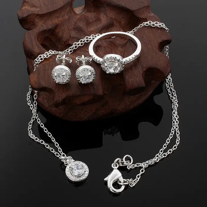 925 argent Sterling mignon solide cadeau de noël noble mode élégante femmes brillant cristal CZ collier boucle d'oreille bague ensemble de bijoux