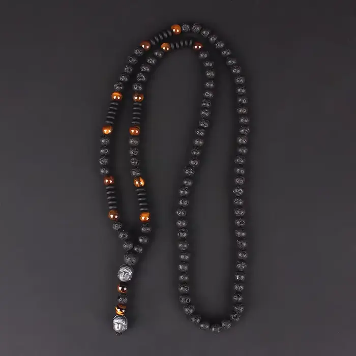 Collier perlé œil de tigre pour homme et femme, pierre de lave, pendentif tête de bouddha, 6mm