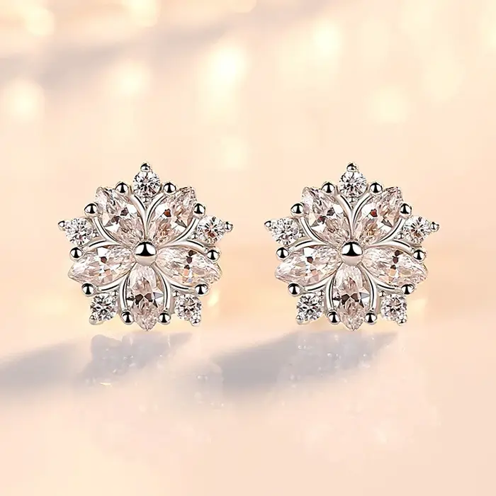 Boucles d'oreilles flocon de neige en argent Sterling 925, Quartz rose pour femmes, bijoux en argent