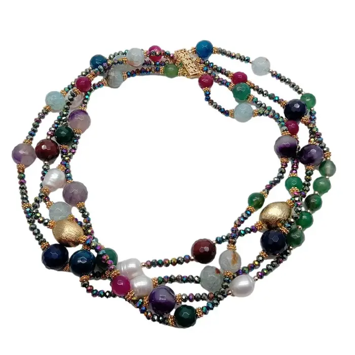 Y · YING – collier en Agate multicolore pour femmes, 4 brins de perles de culture blanches, ras du c