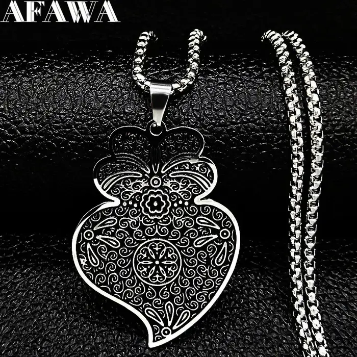 Portugal Folk Viana coeur fleur pendentif collier pour femmes hommes en acier inoxydable couleur arg