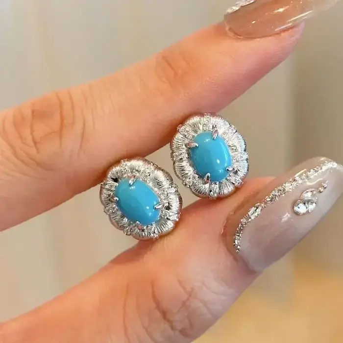 Argent 925 lumière luxe haute qualité turquoise boucles d'oreilles pour les femmes mode ovale fil tr
