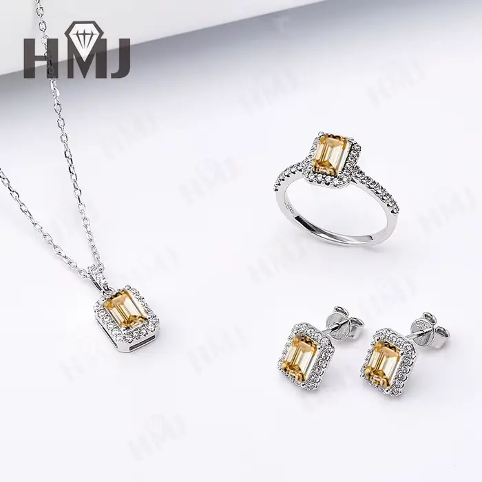 Ensemble de bijoux bague boucle d'oreille collier taille émeraude Moissanite pierres précieuses cult