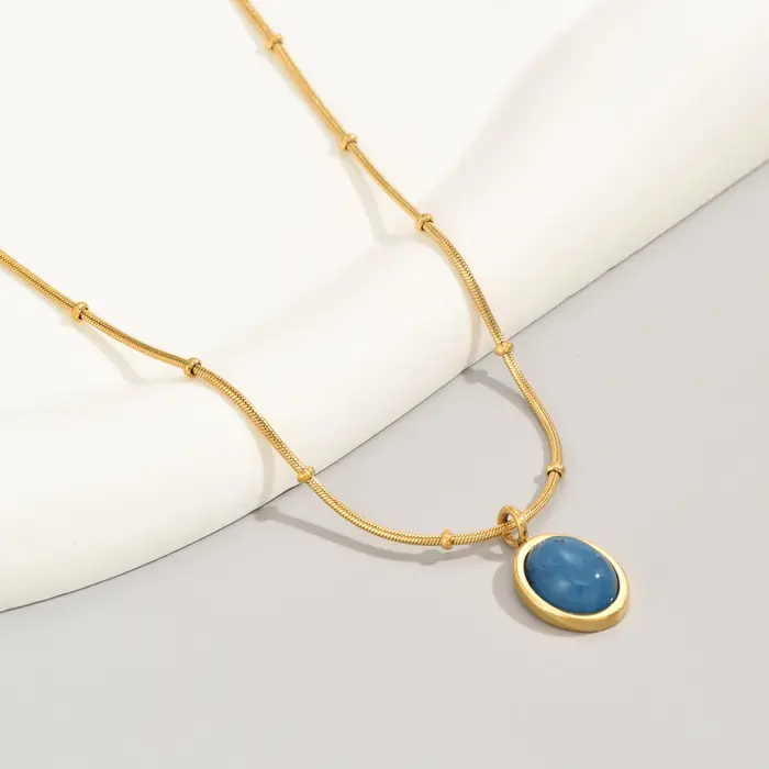 L280 Collier aigue-marine ovale bleu en acier inoxydable plaqué or 18 carats