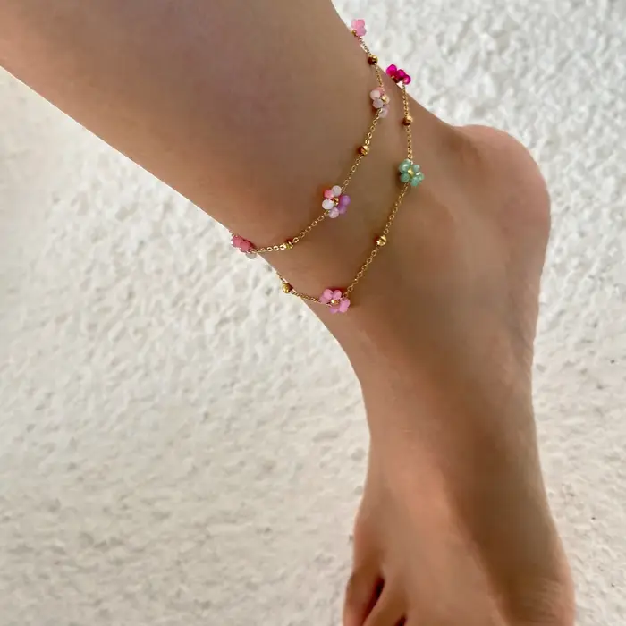 Bracelet de cheville en acier inoxydable plaqué or 18 carats étanche pour femme, bracelet de rinçage, fleur rose colorée, bijoux Boho d'été