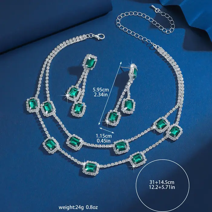 Nouvelles boucles d'oreilles carrées en zircon émeraude avec pampilles - Ensemble collier