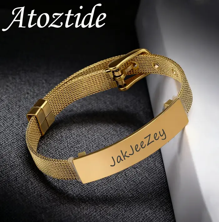 Bracelet Personnalisé en Acier Inoxydable Atoztide avec Nom Gravé pour Occasions Spéciales Anniversaire Mariage Fiançailles Noël École